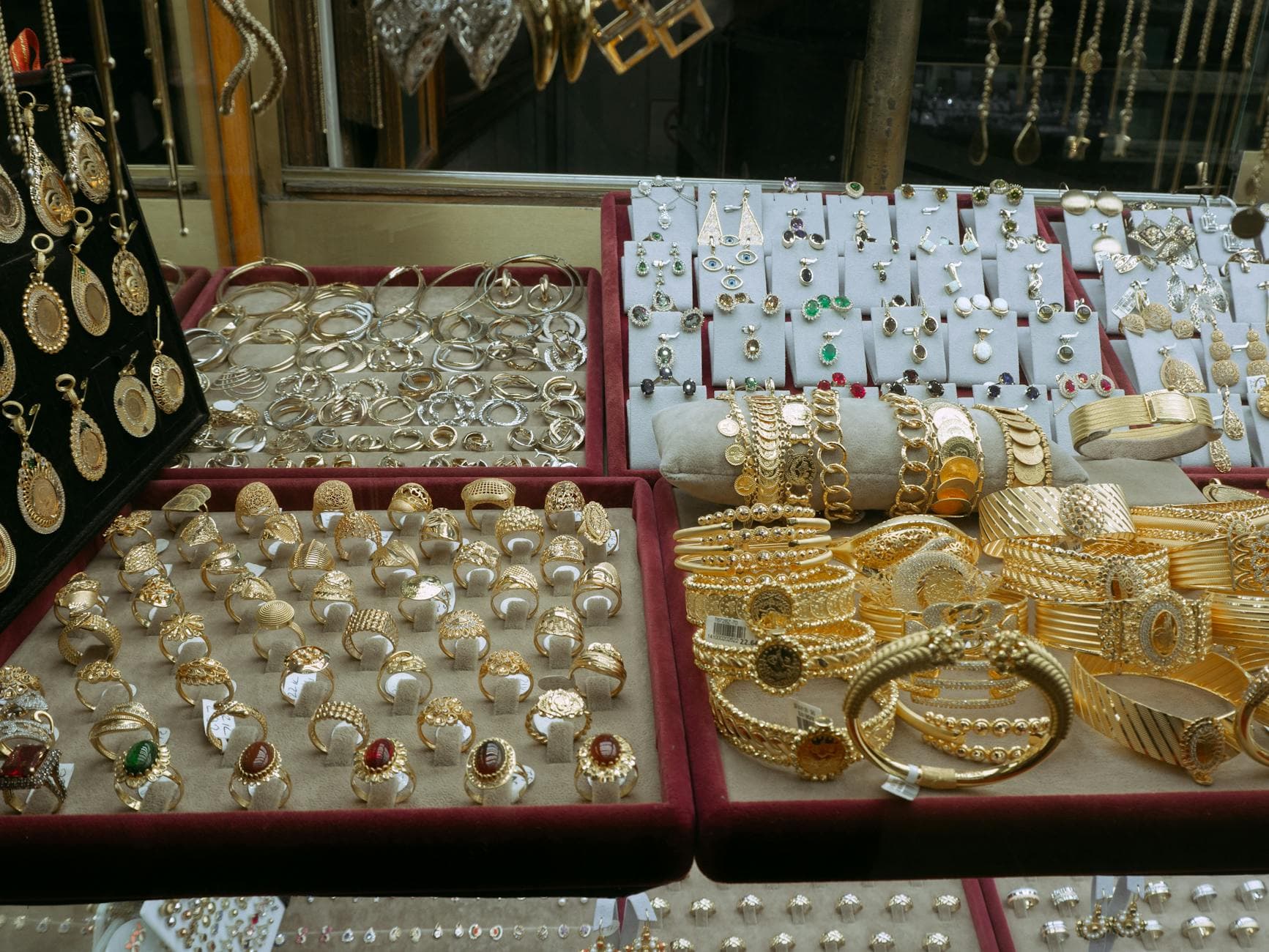 Sparkling diamond rings in a jewelry display case